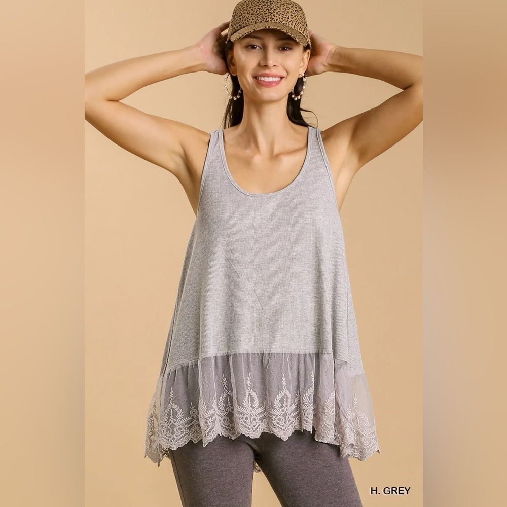 Umgee Heather Gray Lace-Hem Tank Top